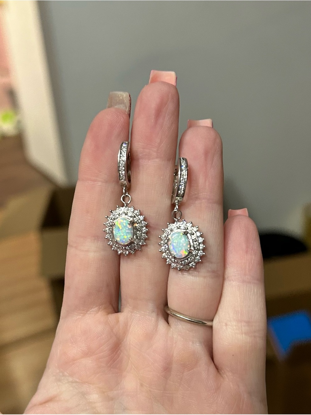 925 Sterling Silver Opal Halo Drop Earrings Leverback CZ Accents